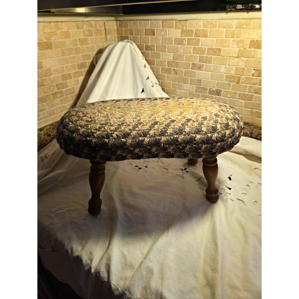 Oval Braided Upholstered Footstool Ottoman with Turned Wood Legs primitive Style